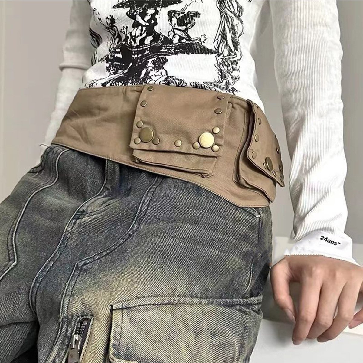 Canvas riemtas dames, brede taille riem met twee zakjes en koperen klinknagels, vintage y2k stijl heuptas, verstelbaar voor festival en dagelijks gebruik, khaki