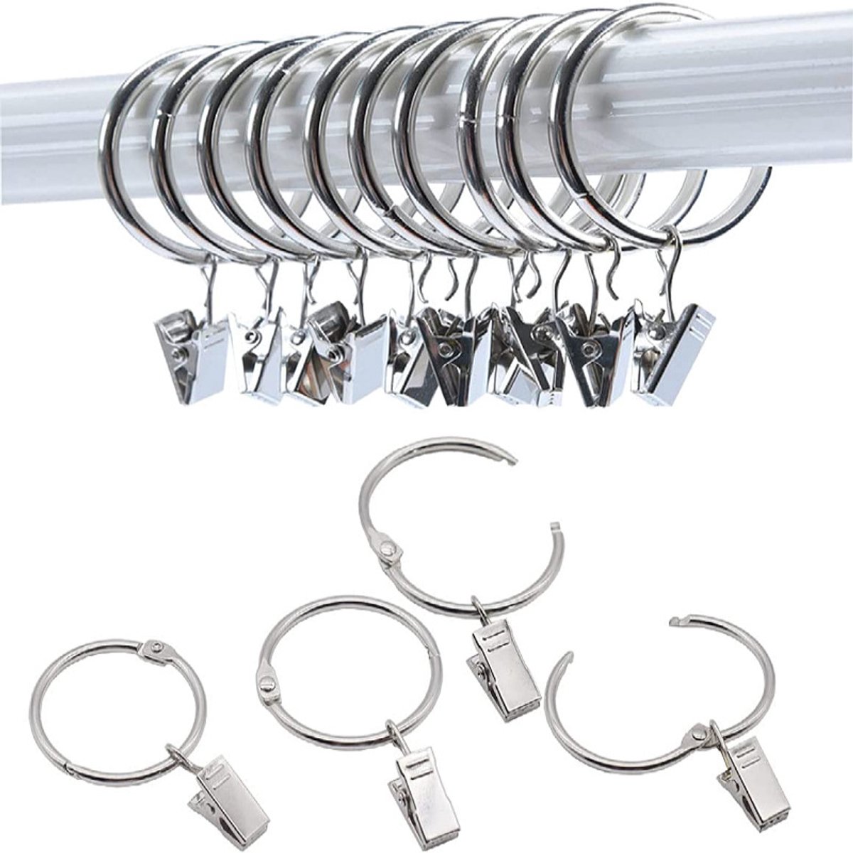 30 Gordijnringen met metalen clips, Stevig, roestvrij, voor zilverkleurige gordijnroeden