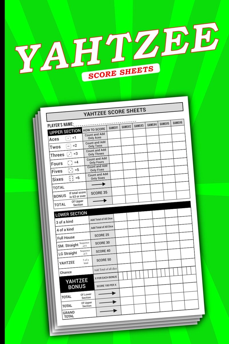 Yahtzee Score Sheets: Large print scorekeeping score pads for yahtzee dice game - 108 Pages, 6"x9" Inches - ShopVlot