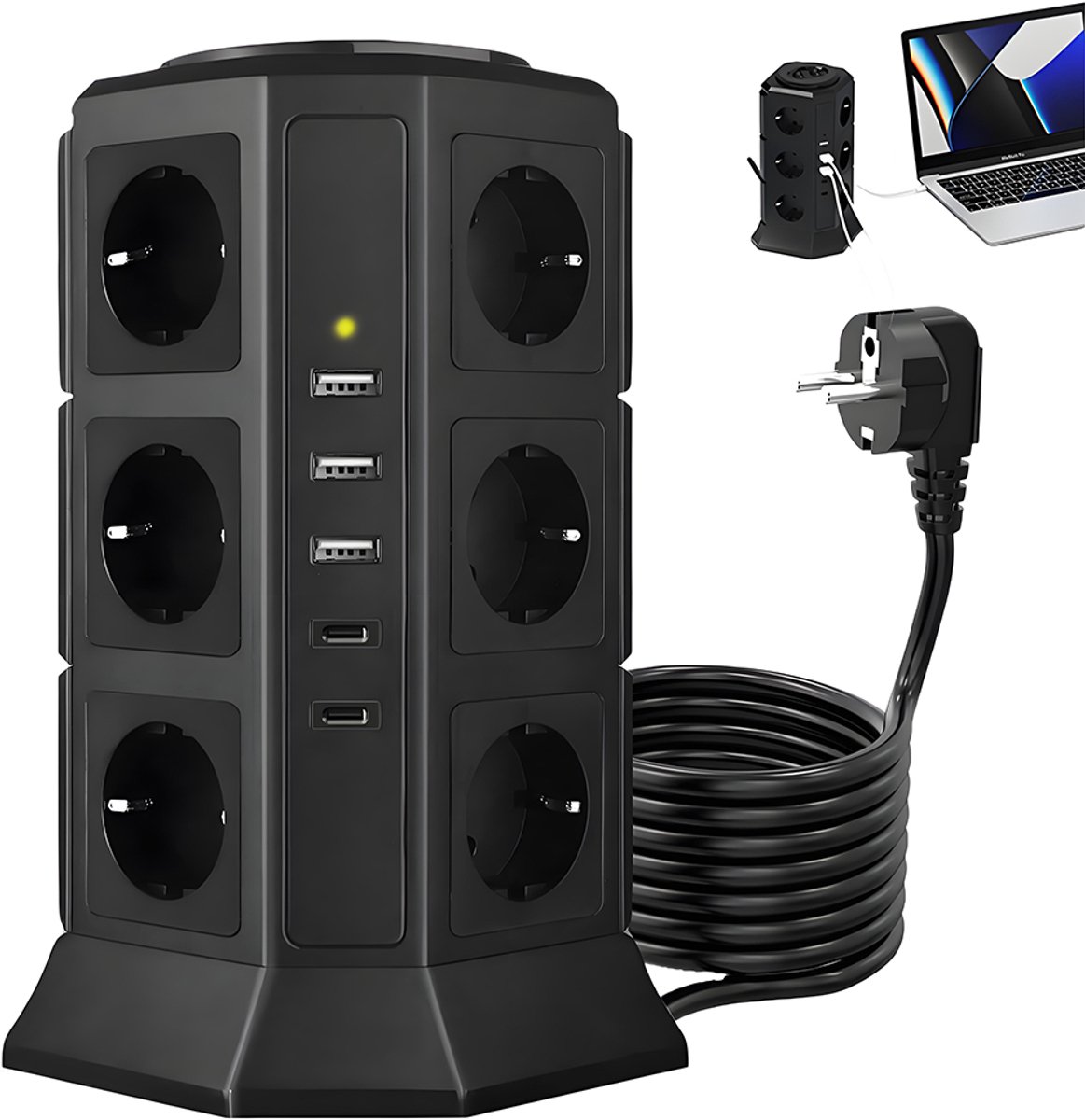 Torenvormig stopcontact – Powerhub – 12-polig stopcontact – 5 USB-poorten – Met schakelaar – 3-laags – Spanning 220-250V – 4000W – Zwart