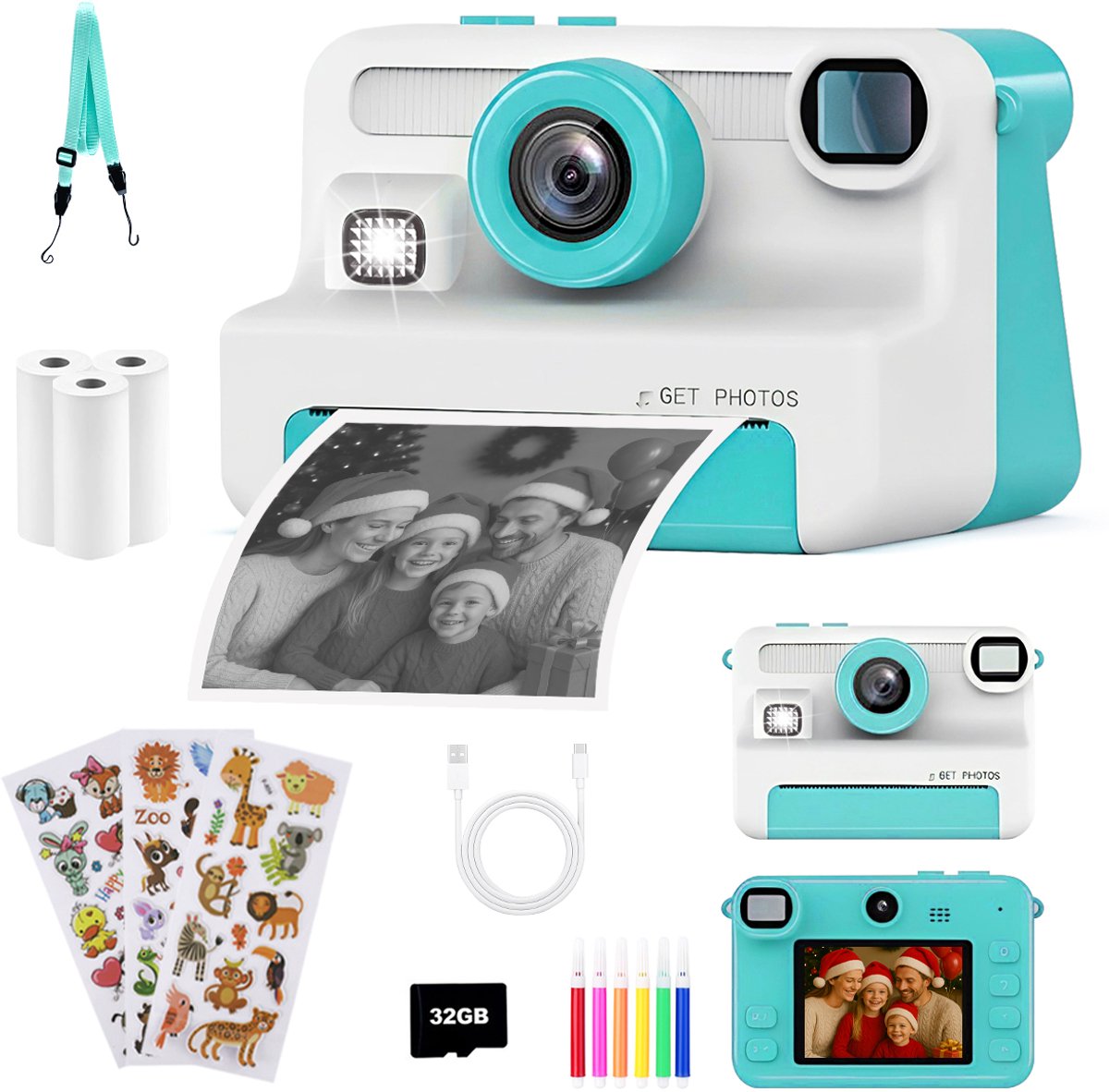 FOSMET Kindercamera met Printer - Selfie Camera - 30MP Full HD Digitale Camera Kinderen - 2,4 Inch Display - 8x Optische Zoom - Incl. 32GB SD-Kaart & 3 Rollen Printpapier - Digitale kindercamera - Cadeau voor 3-12 Jaar - Groen