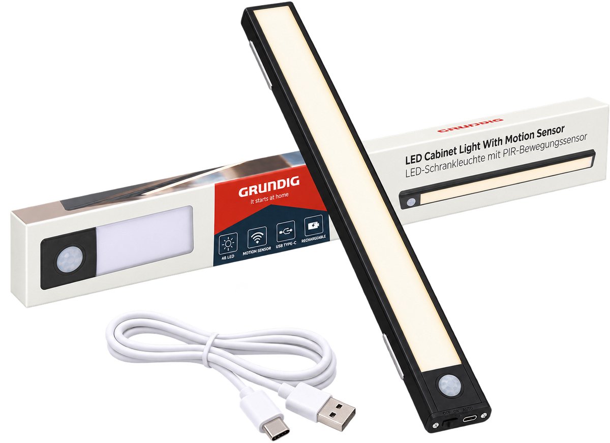 Grundig Wandspot Led Oplaadbaar - Binnen met PIR-Sensor - Wandlamp Draadloos - Oplaadbare Wandlamp - Magnetisch - USB C Lamp - 48 Leds - Zwart