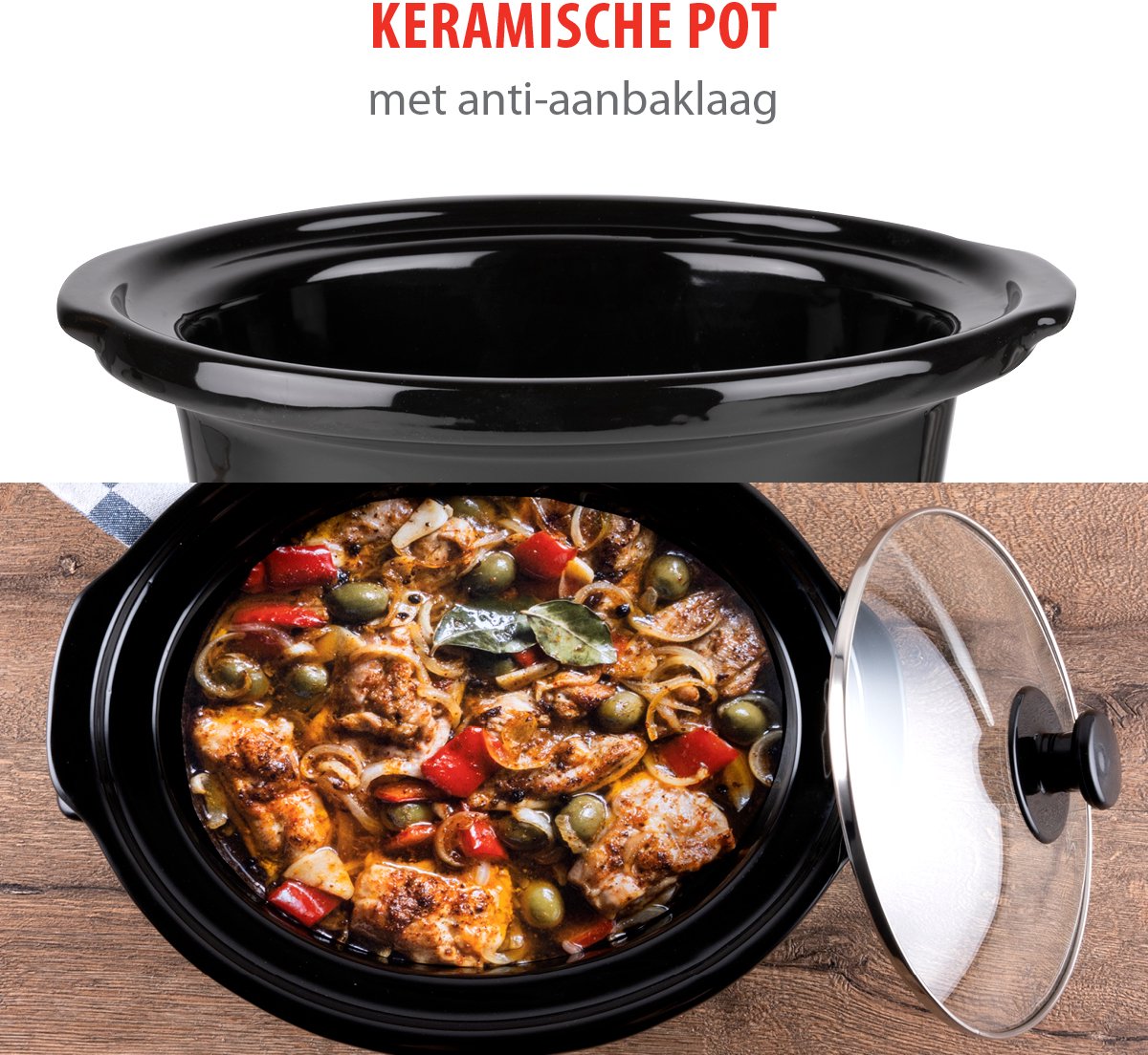alpina Slowcooker 3.5L - Crockpot Slow Cooker met Warmhoudfunctie - Multicooker met Keramische Binnenpan en Glazen Deksel - 240W - RVS – foto 6
