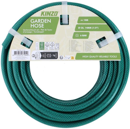 Groene Kinzo tuinslang van 10 meter, Ø 14mm, met witte opdruk en verpakking.