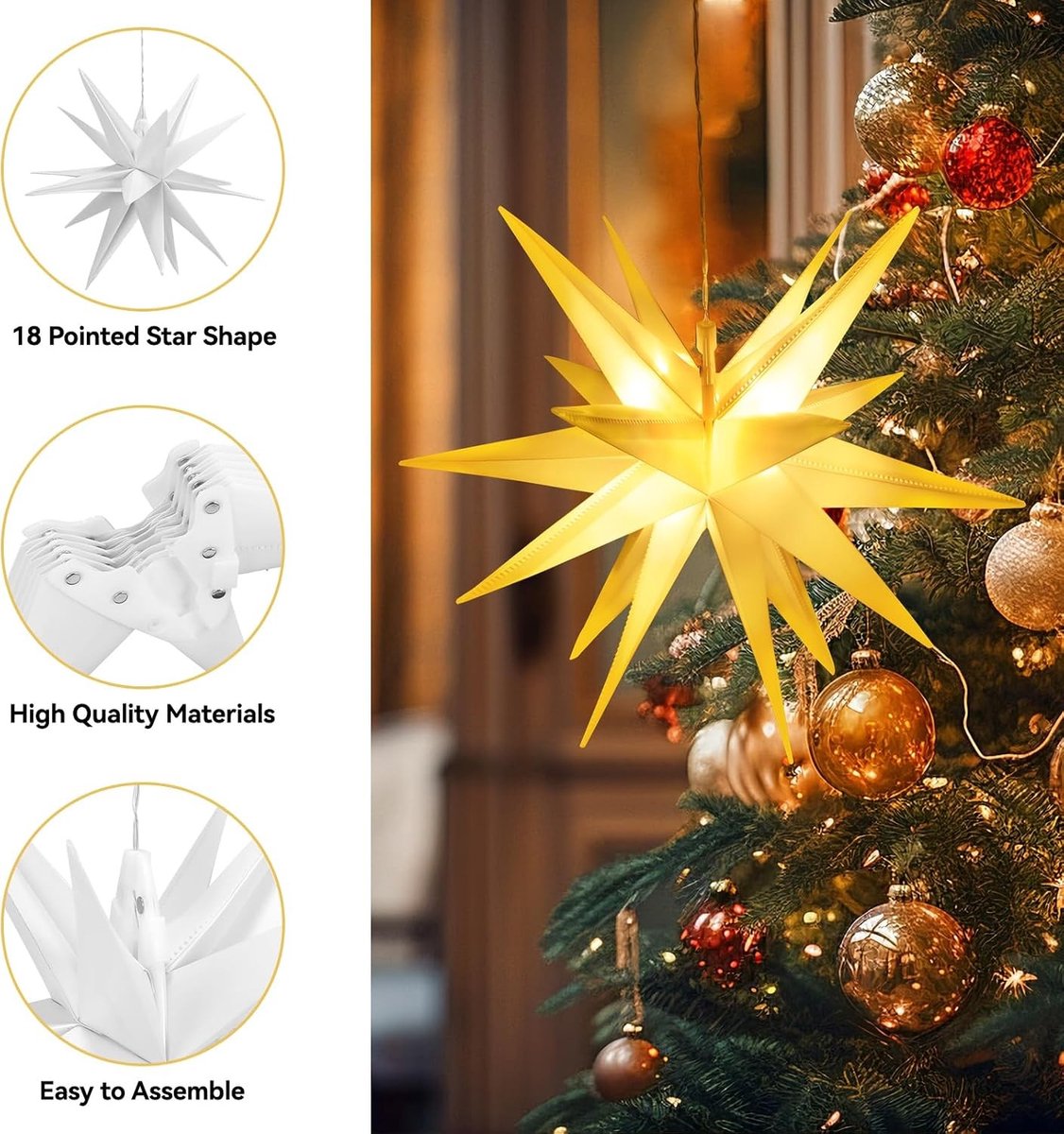 3D Verlichte Ster voor Kerstmis - 35 cm LED Sterren voor Binnen en Buiten - Decoratie voor Ramen en Tuinen