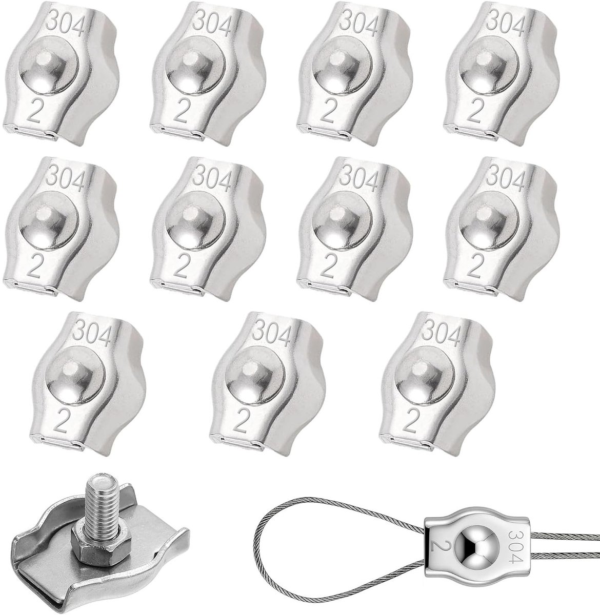 Set van 12 RVS Draadklemmen voor 2 mm Stalen Kabels en Kledinglijn Spanner, Duurzaam en Betrouwbaar