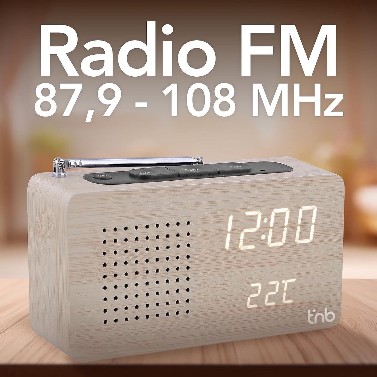 Digitale Radiowekker - Houtkleur - Bekabeld - Met FM-radio en Temperatuurweergave - Voor Thuis en Kantoor