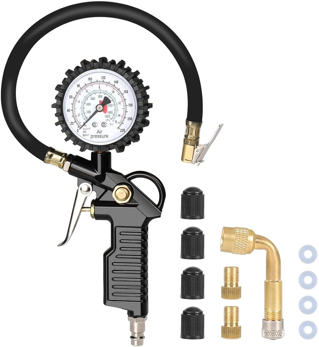 Bandenspanningsmeter - Zwart - Multifunctioneel met Flexibele Slang - Voor Auto en Motorfiets