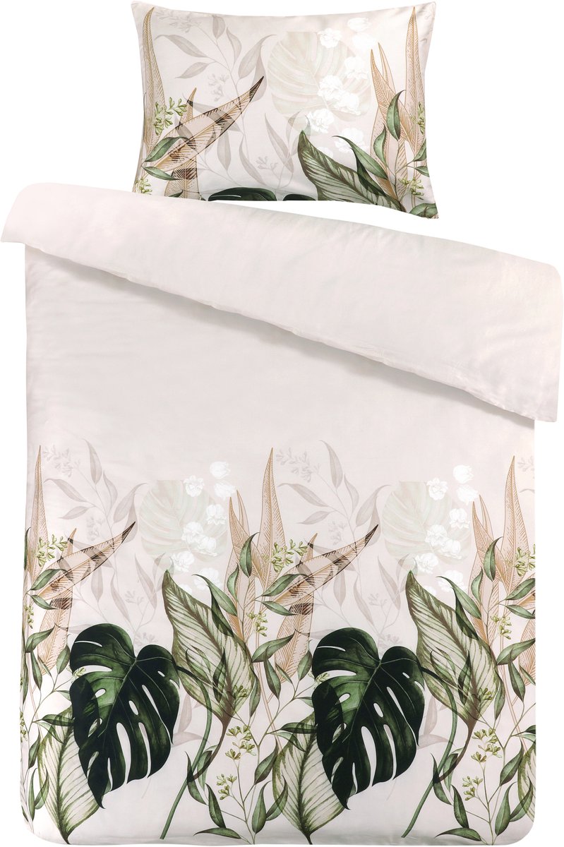 Padiro dekbedovertrek 135 x 200 cm - meerkleurig / beige - exotisch bladeren design - katoensatijn - met 1 kussensloop 80 x 80 cm