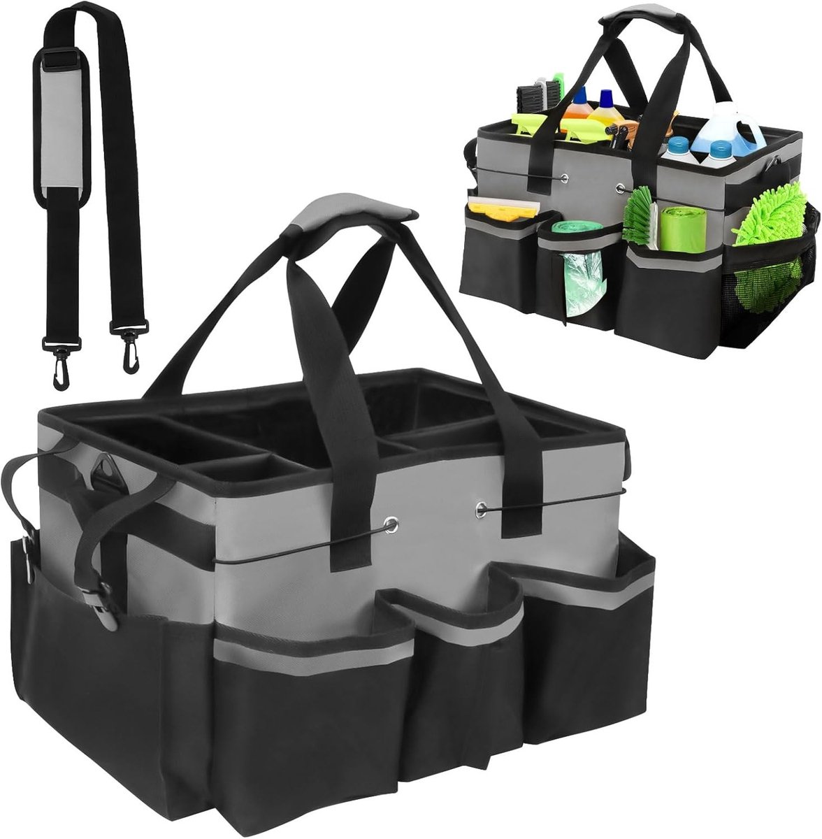 Opbergmand voor reinigingsmiddelen - Grijs - 40 x 27,5 x 23,5 cm - Draagbare Reinigingstas met Scheidingswanden - Voor Huis en Auto