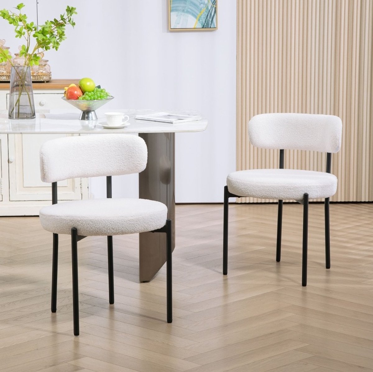 OKWISH Eetkamerstoel Set van 2 – Comfortabele Polsterszitting Met Fleecelook En Stabiele Metalen Poten – Voor Eetkamer En Keuken – Cream White