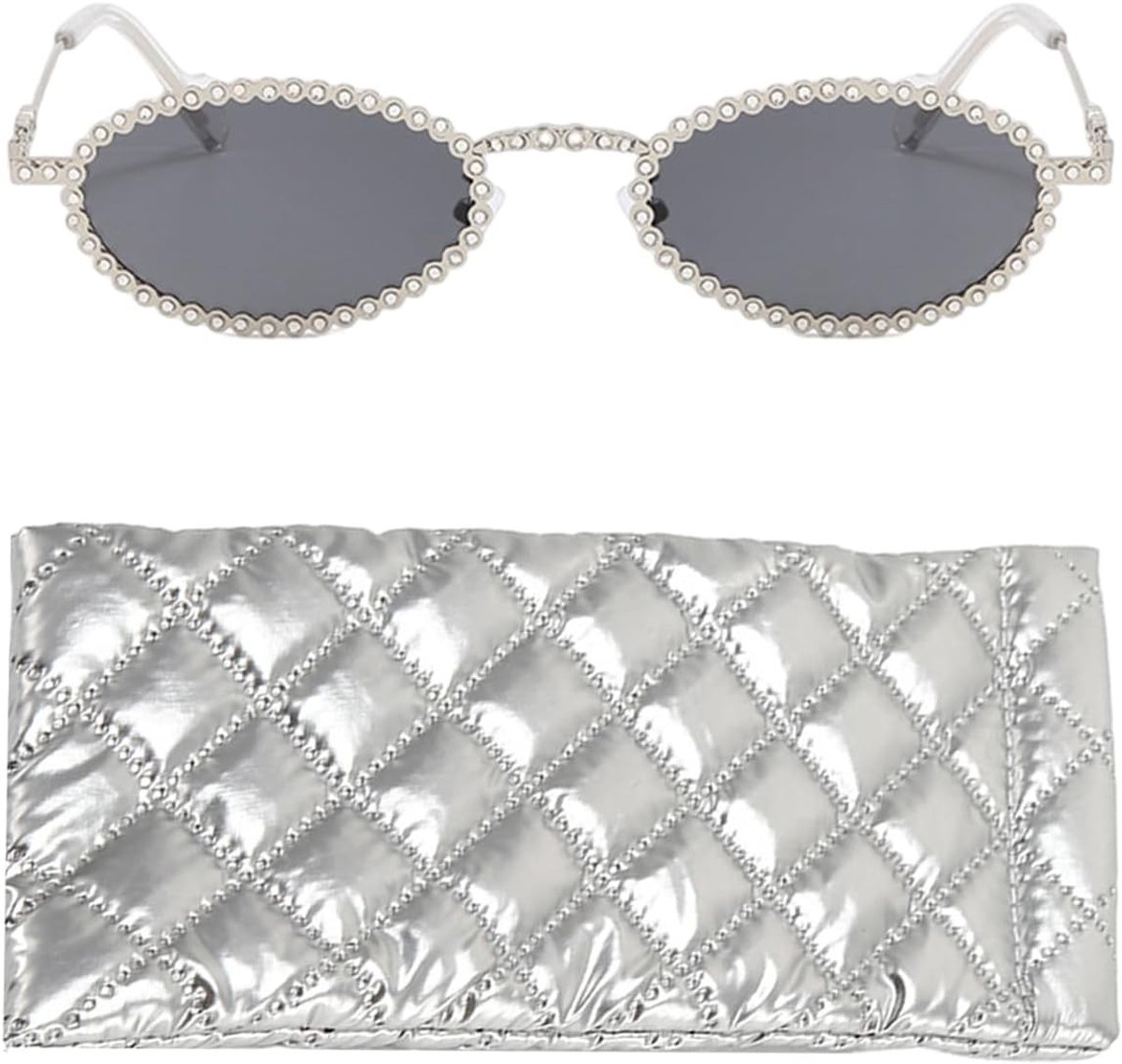 Retro Ovale Zonnebril voor Dames, Ideaal voor Feestjes, Modeaccessoire met Tas, Zilver, One Size