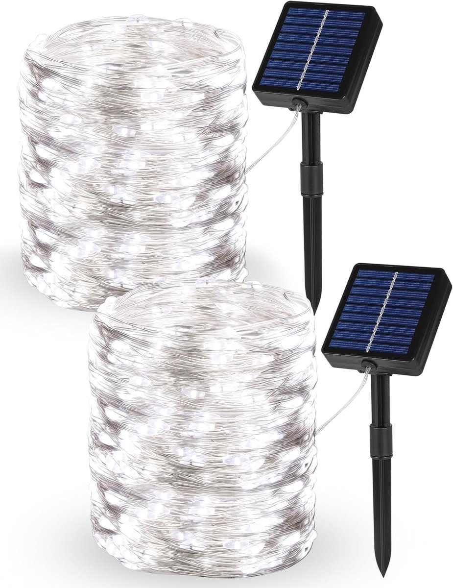 NWPUSZ Zonne-lichtsnoer voor Buiten Tuin, 2 Stuks Totaal 20 M 200 Leds op Zonne-energie, 8 Modi Waterdichte Timer - ShopVlot