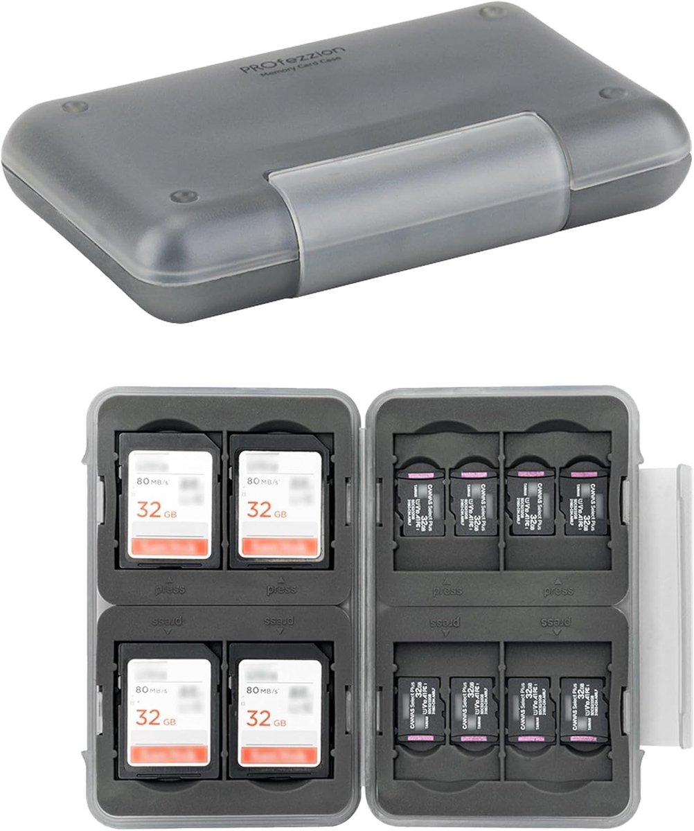 Waterdichte Geheugenkaart Houder voor 8 SDHC SDXC Kaarten en 16 Micro SD Kaarten, Schokbestendig en Zacht Rubber Interieur, Grijs