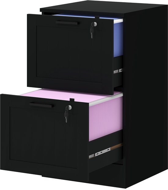 Zwarte archiefkast met 2 laden, waarvan de bovenste 2 laden open zijn, met blauwe en roze mappen.