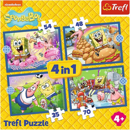 Doos van een 4-in-1 Spongebob Trefl puzzel met 4 afbeeldingen.
