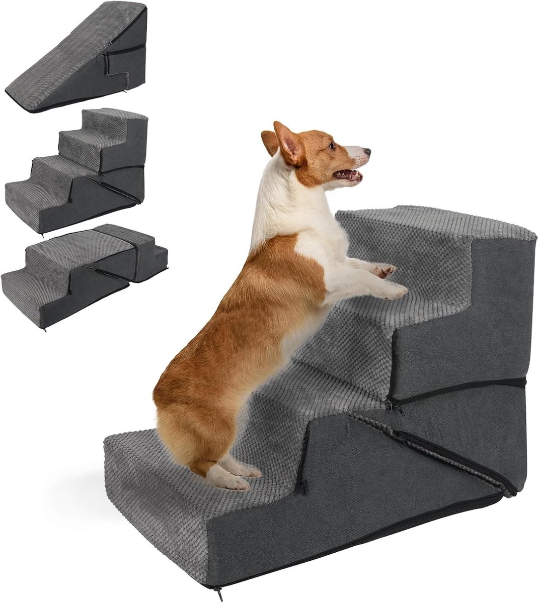 Opvouwbare Hondentrap - Grijs - 50 x 40 x 60 cm - Antislip Huisdierentrap met Wasbare Hoes - Voor Honden en Katten