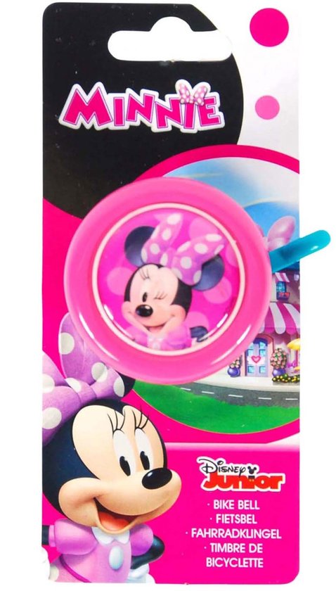 Roze fietsbel met Minnie Mouse op de verpakking, met tekst 'Minnie' en 'Bike Bell'.