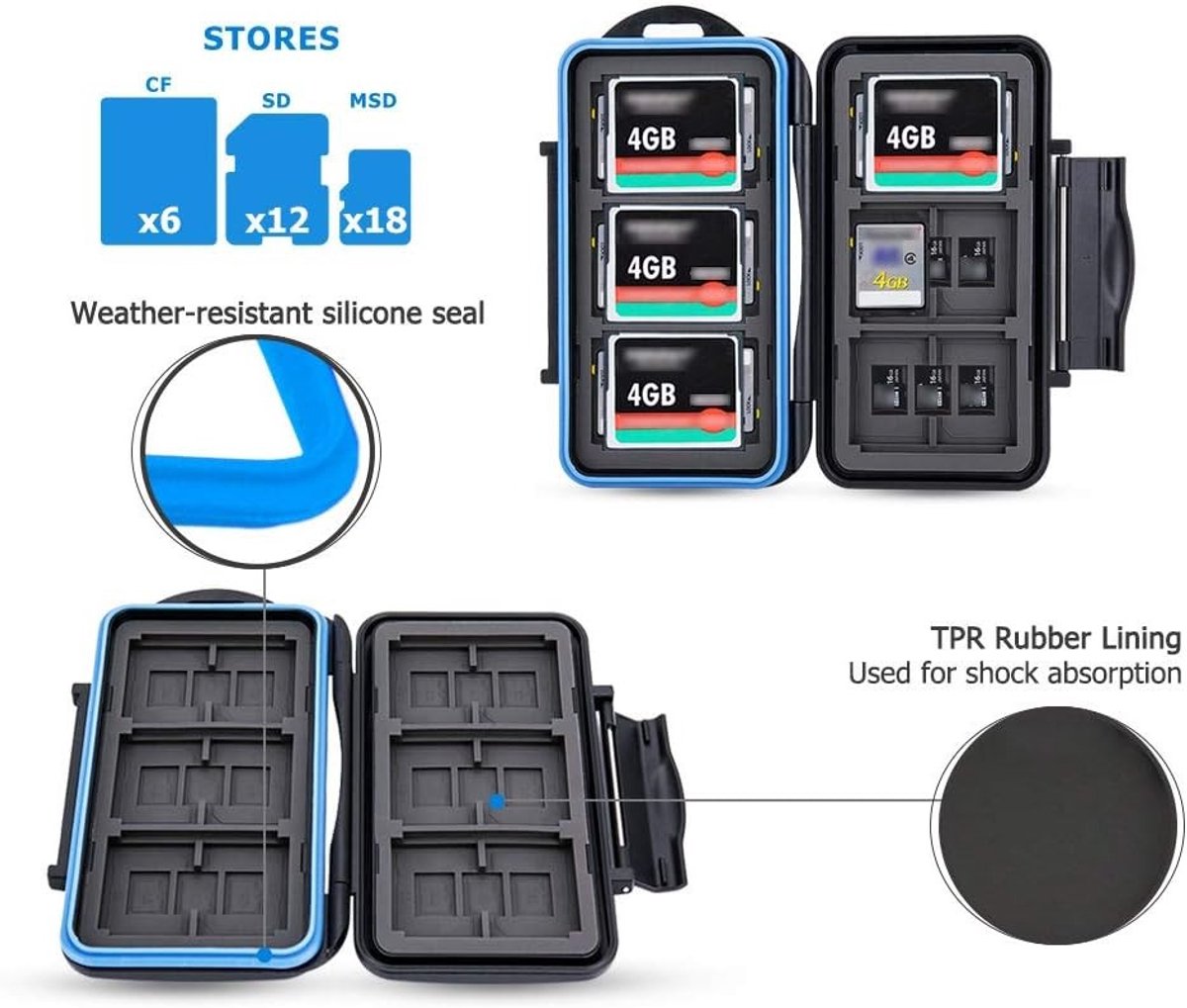 Waterdichte opslagdoos voor 12 SDXC, 18 Micro SD TF en 6 CF Compact Flash kaarten - SD kaart houder met karabiner en 36 slots voor veilige opslag