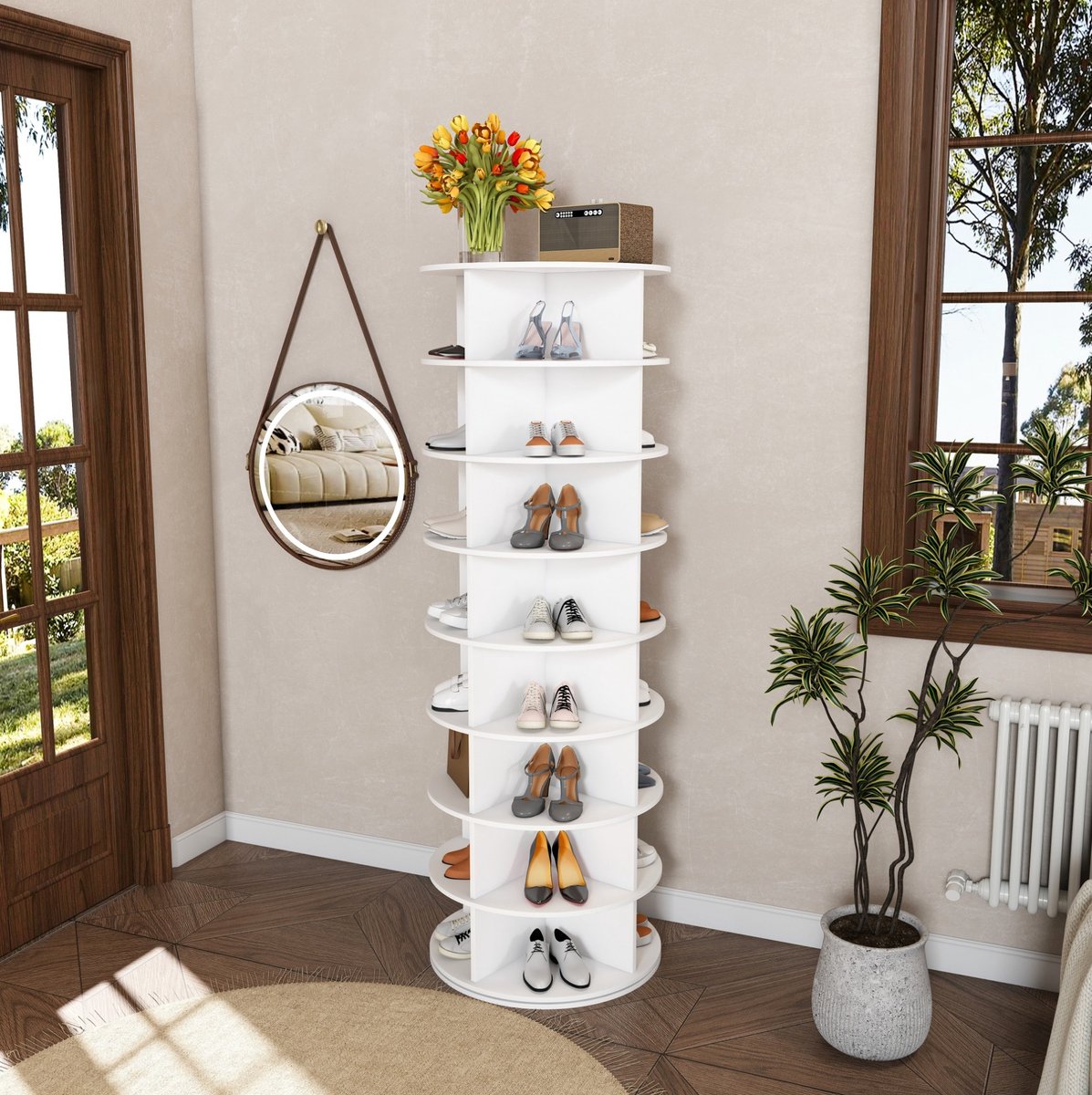 Wishdor Draaibare schoenenorganizer - 8-laags 360° draaibaar - Vrijstaand ruimtebesparend opbergrek voor 32 paar schoenen en accessoires - PVC - Wit - 60 x 60 x 184 cm