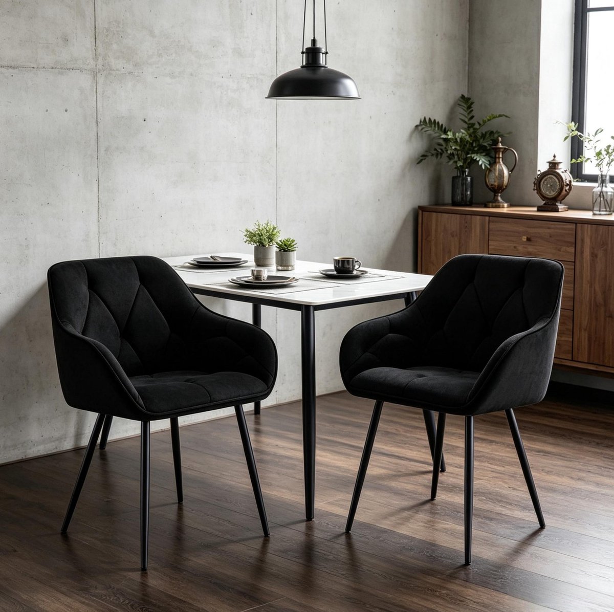 OKWISH Eetkamerstoel – Set van 2 – Met Armleuningen, Zachte Bekleding & Ergonomische Rugleuning – Voor Eetkamer en Woonkamer – Metaal – Zwart