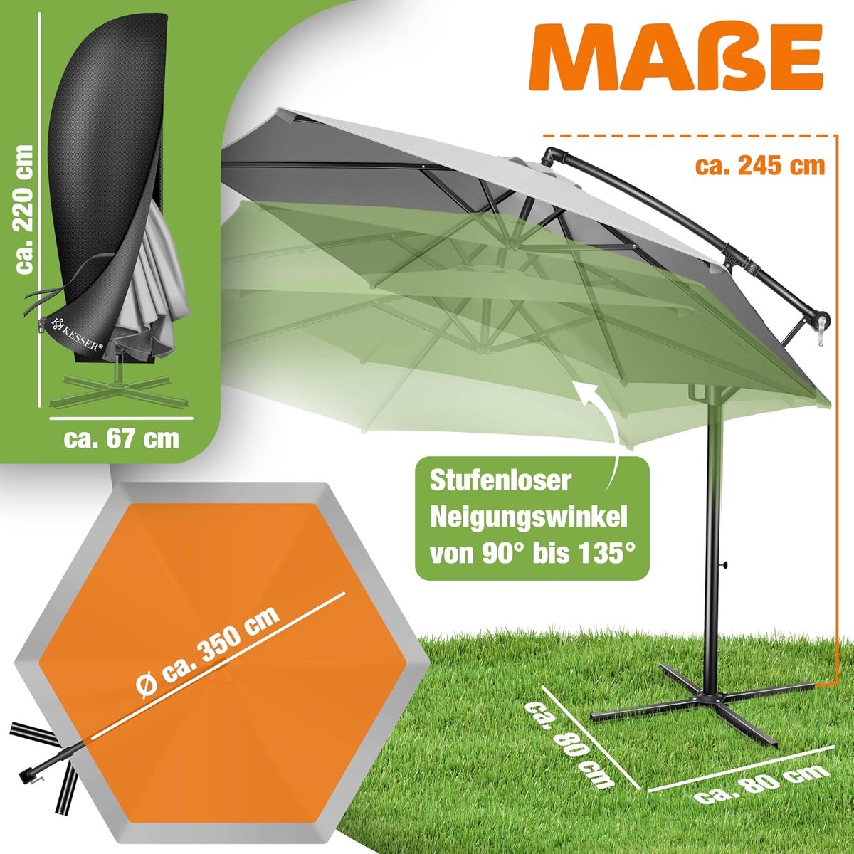 Zweefparasol Aluminium - Terrasparasol Tuinparasol - Schaduw Creëren - Verstelbare Kantelhoek - 350cm - Lichtgrijs – foto 4