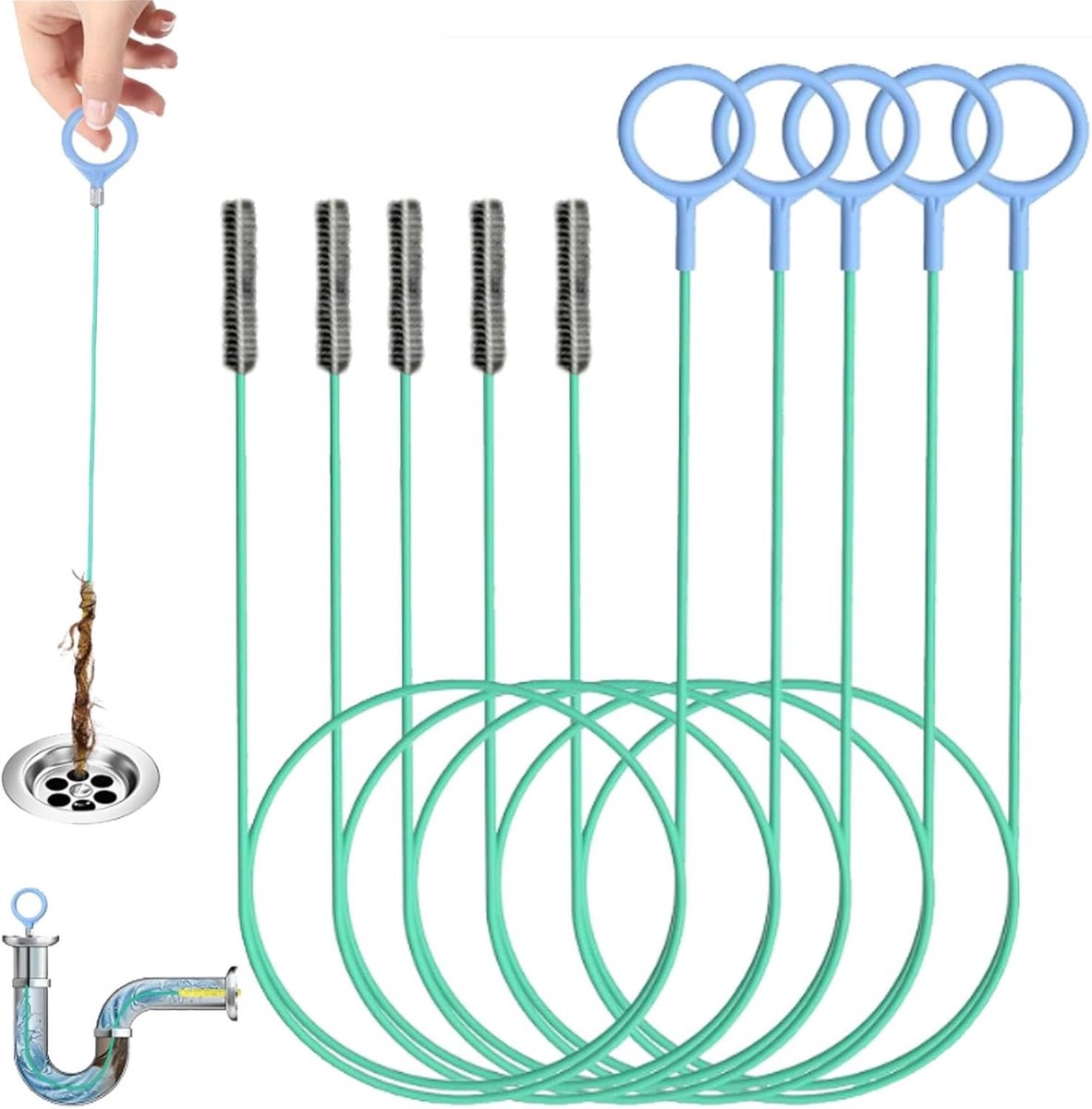 Reinigingsborstels voor Wastafels en Afvoeren - Groen - 200 cm - Nylon Gecoate Stalen Veer - Voor Keuken, Badkamer en Toilet