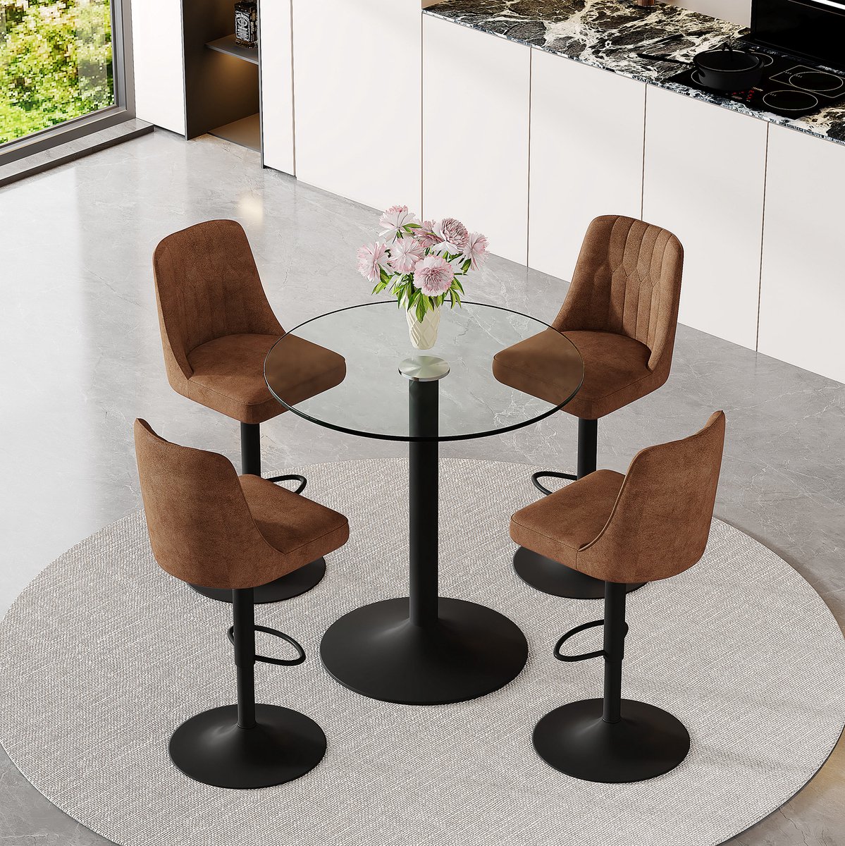 Wishdor Barset met ronde glazen tafel en 4 draaibare barkrukken - Verstelbare zithoogte en voetsteun - Modern - Technologie-stof - Zwart bruin - 89 x 89 x 92 cm
