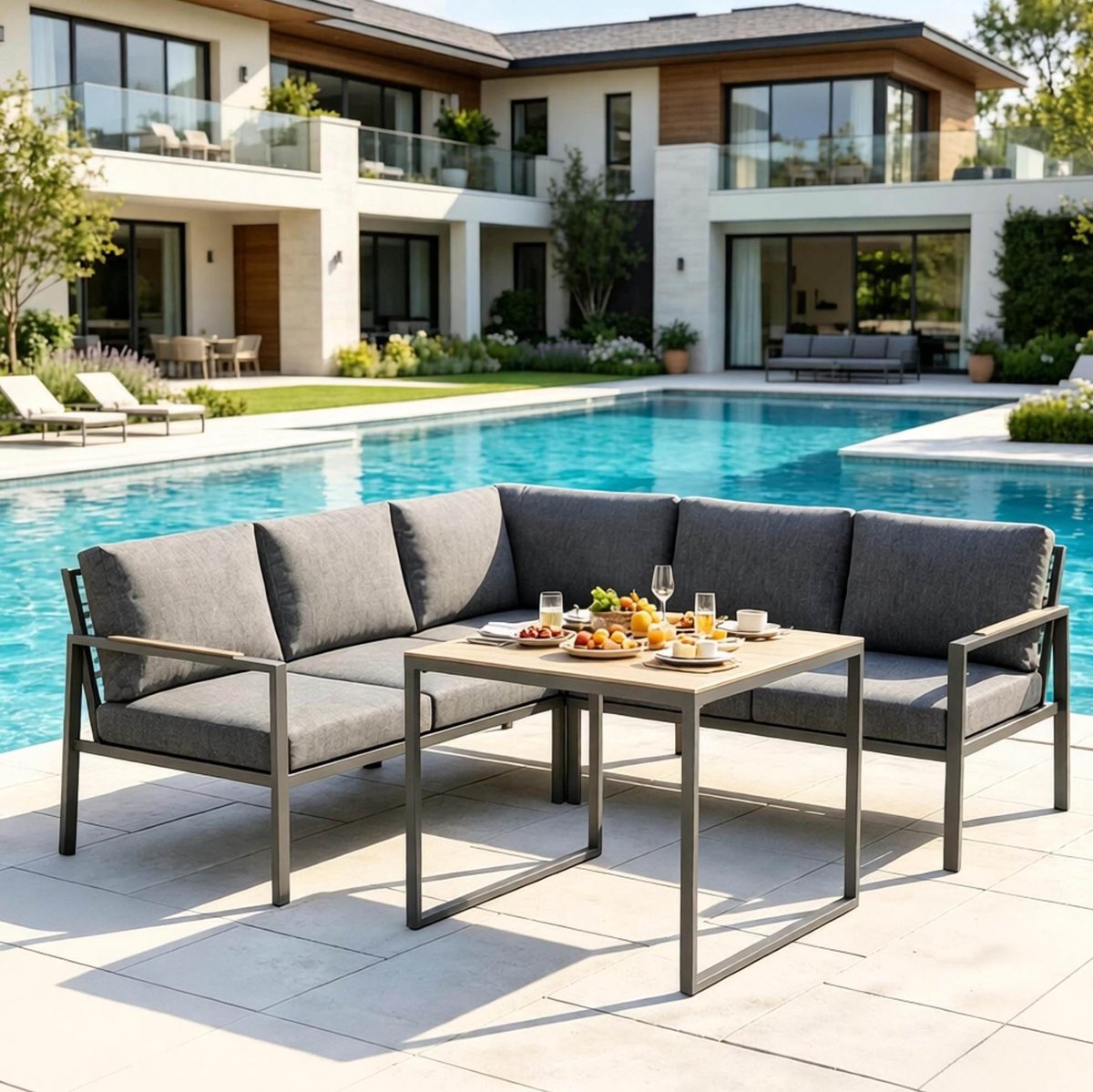 OKWISH Hoek Loungeset 5 Zitplaatsen met Tafel en Kussens – L Vormige Tuinset Voor Terras en Balkon – Metaal – Donkergrijs