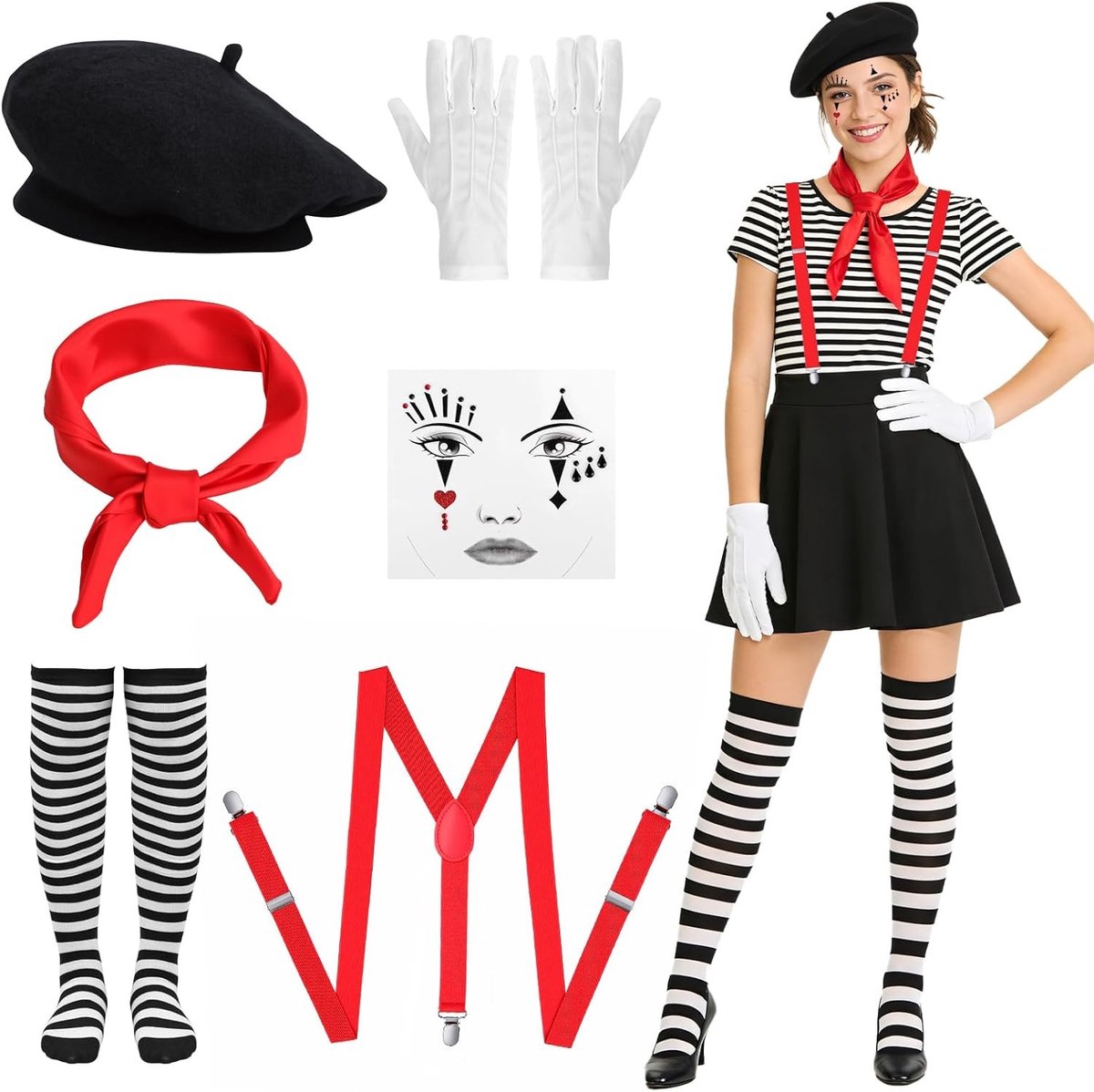 Vrouwelijk Pantomime Kostuum met 6 Stukken, Clown Outfit voor Carnaval met Hoed, Sjaal, Handschoenen en Kousen voor Cosplay en Feestjes
