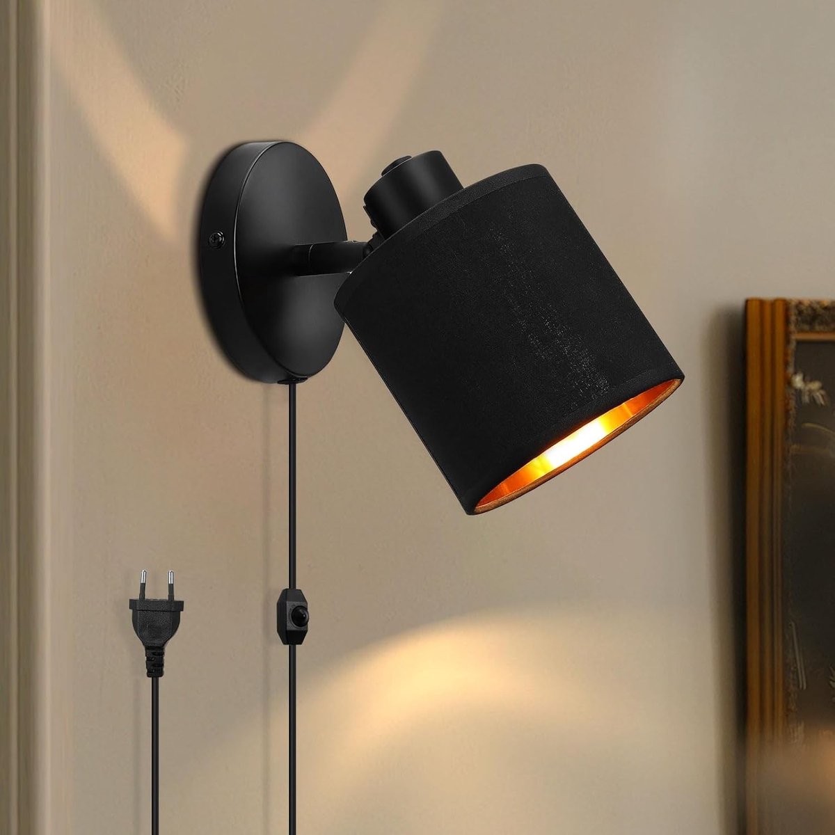 Wandlamp - Zwart - Dimbaar - Retro met Draaibare Stofenkap - Voor Woonkamer en Slaapkamer
