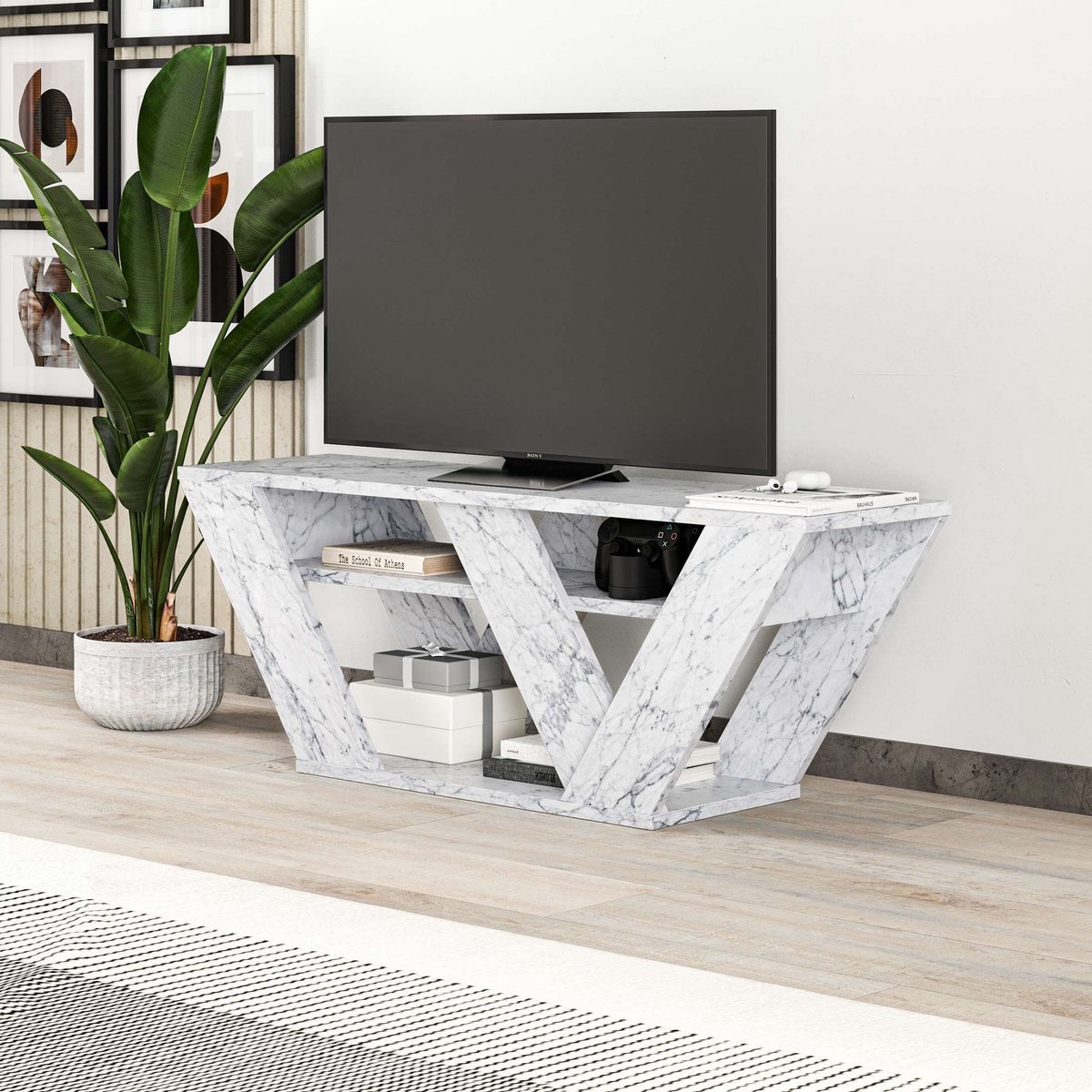 Skye Decor , Tv-standaard, Pipralla - Carrara Marble, Gemelamineerde spaanplaat, Carrara marmer, 110 x 30 x 40 cm Carrara-marmer