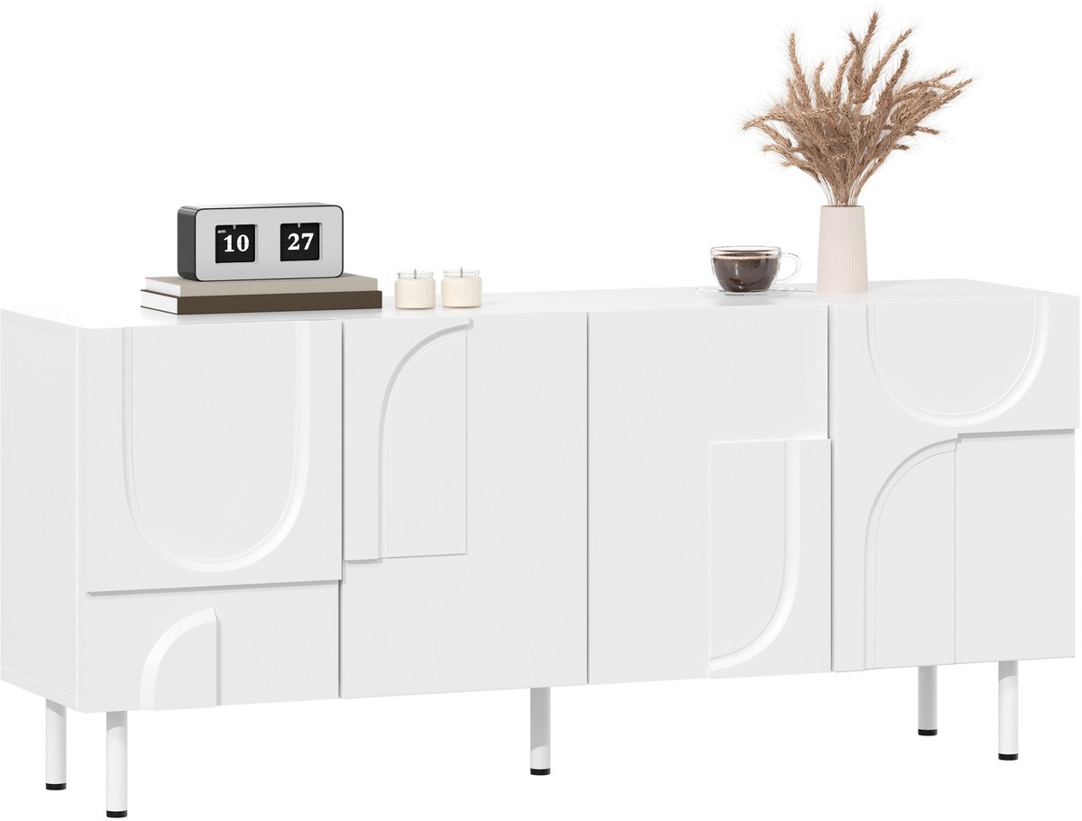 Merax Dressoir 160 cm - Wit - Geometrische Fronten - 4 Deuren - Veel Opbergruimte - Metalen Poten