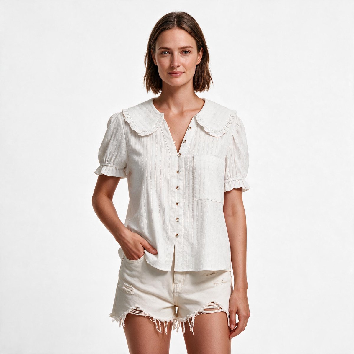 Imily Bela Dames Blouse met Peter Pan Kraag en Korte Mouwen