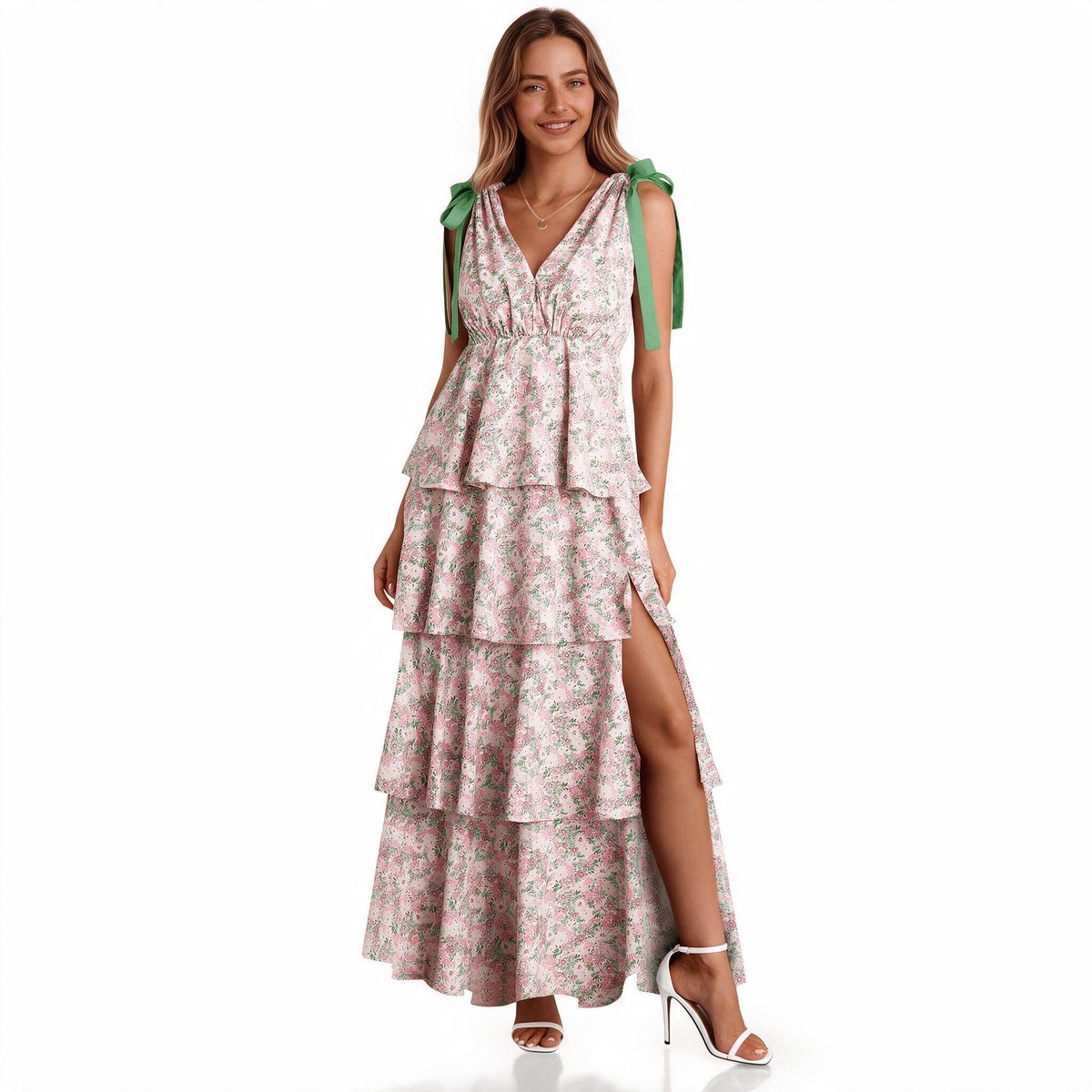 Imily Bela Dames Maxi Jurk met Bloemenprint, V-Hals, Ruches en Split