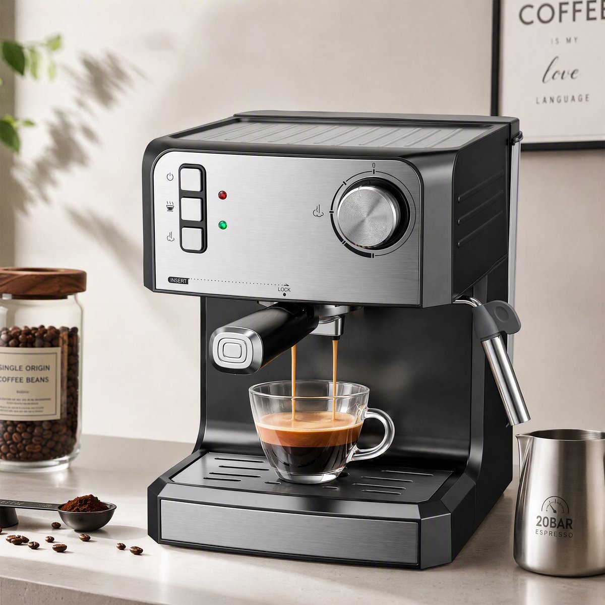 TEKROA® Espressomachine - 20 bar koffiemachine met melkschuimer - 1,6 liter waterreservoir - zwart