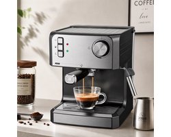 TEKROA® Espressomachine - 20 bar koffiemachine met melkschuimer - 1,6 liter waterreservoir - zwart