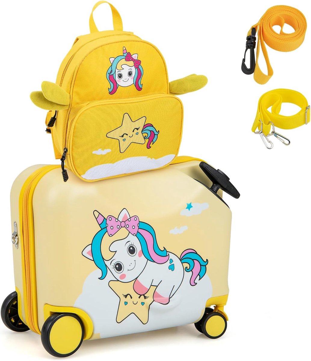 COSTWAY 2-delige kinderkoffer + rugzak, 30 cm + 45 cm, kindertrolley met wielen en waterdichte harde schaal, kinderbagage met draagriem, touw en voetsteunen, rolkoffer voor jongens en meisjes, Geel