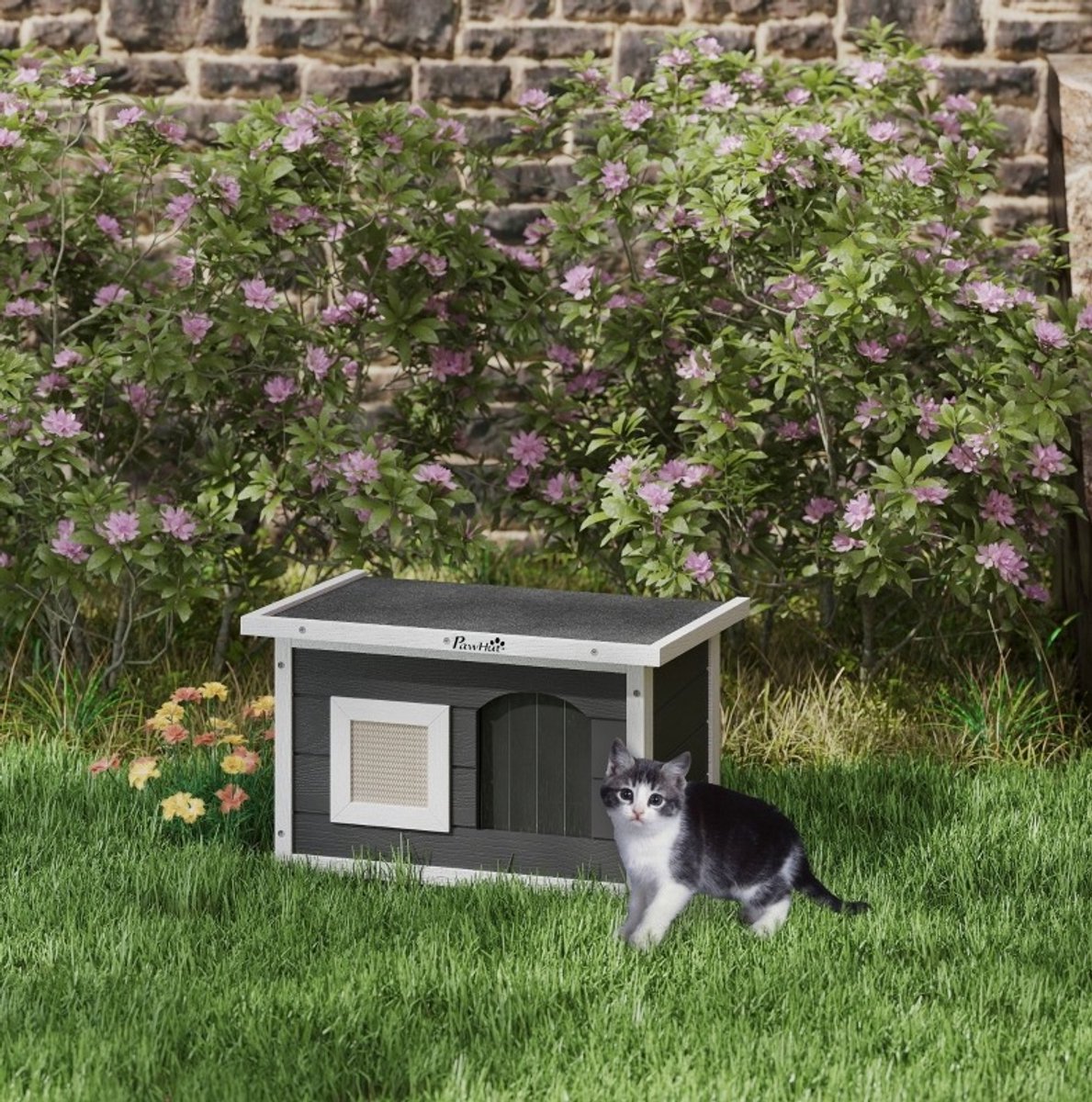 REDOM - Kattenhuis - Krabmat en klepdeur - Klapdak en uitneembare bodem - Weerbestendig - Binnen en buiten - Hout - Grijs - 61 x 45 x 36,5 cm