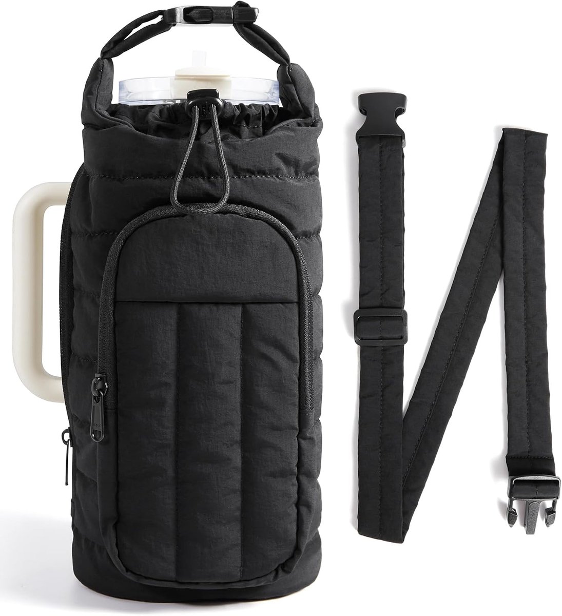 Magnetische waterfleshouder van 1,2 liter met riem, crossbodytas, sportaccessoire voor dames, magnetisch of klassiek ontwerp, lichtgewicht drinkbekerhouder, gewatteerde crossbodytas-Zwart