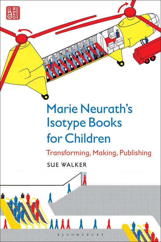 Boekomslag met een gele helikopter en gekleurde menselijke iconen, titel: Marie Neurath’s Isotype Books for Children.
