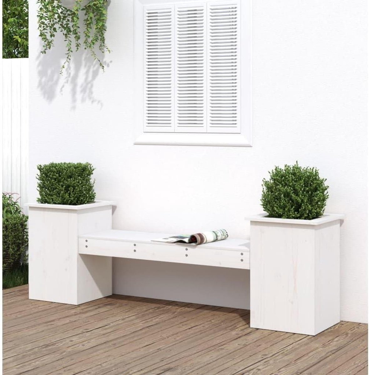 Houten tuinbank - Bank met plantenbakken - Terras decoreren - 2-in-1 design - 184 cm - Wit