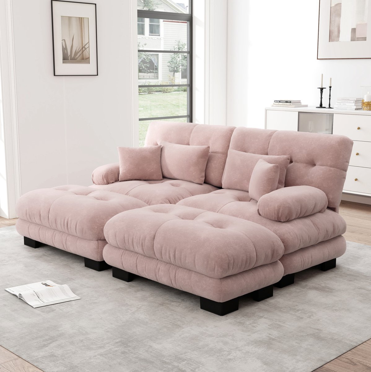 DESMIU Hoekbank 220 Cm - Modulaire Bank Met 2 Ottomans, 2 Lendenkussens En 2 Sierkussens - Voor Woonkamer - Chenille - Pink