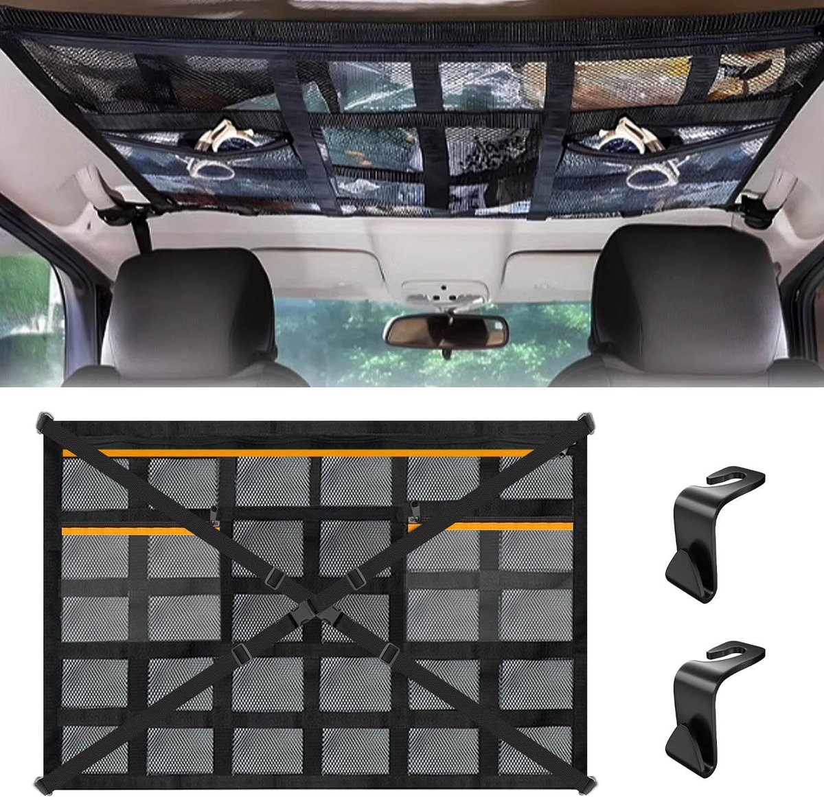 Famanu – Bagagenet voor de auto, 90 x 65 cm, met verstelbare kruisbanden en 3 onafhankelijke zakken met ritssluiting, ideaal voor , bestelwagen en jeeps