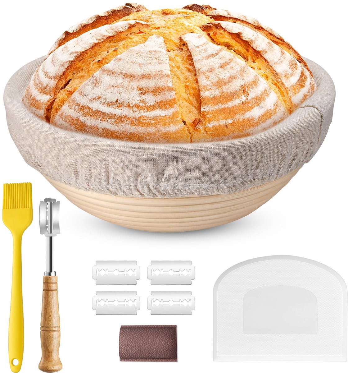 Famanu – Broodmand van 23 cm, rond, inclusief bakkersmes, deegschraper en bakborstel, ideaal voor thuis en professionals
