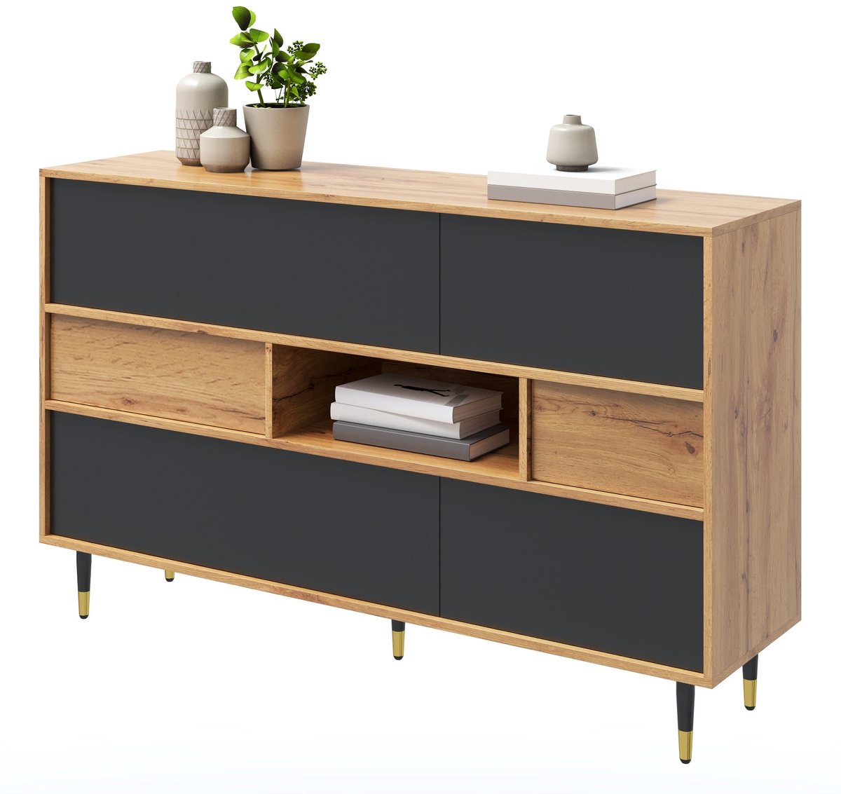 Merax Dressoir 140 cm - Houtkleur en Zwart - 2 Laden - Open Vak - Veel Opbergruimte