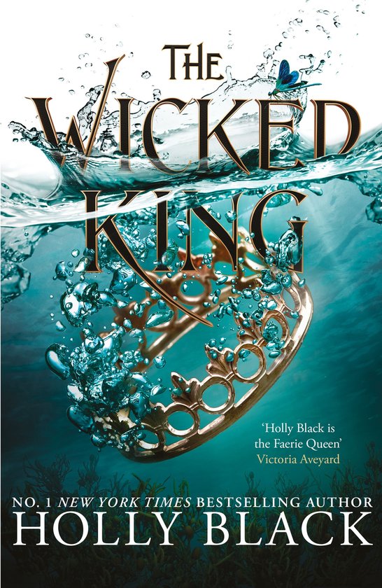 Boekomslag van 'The Wicked King' met een gouden kroon onder water, omringd door bubbels en zeewier. De titel en auteur 'Holly Black' zijn prominent aanwezig.