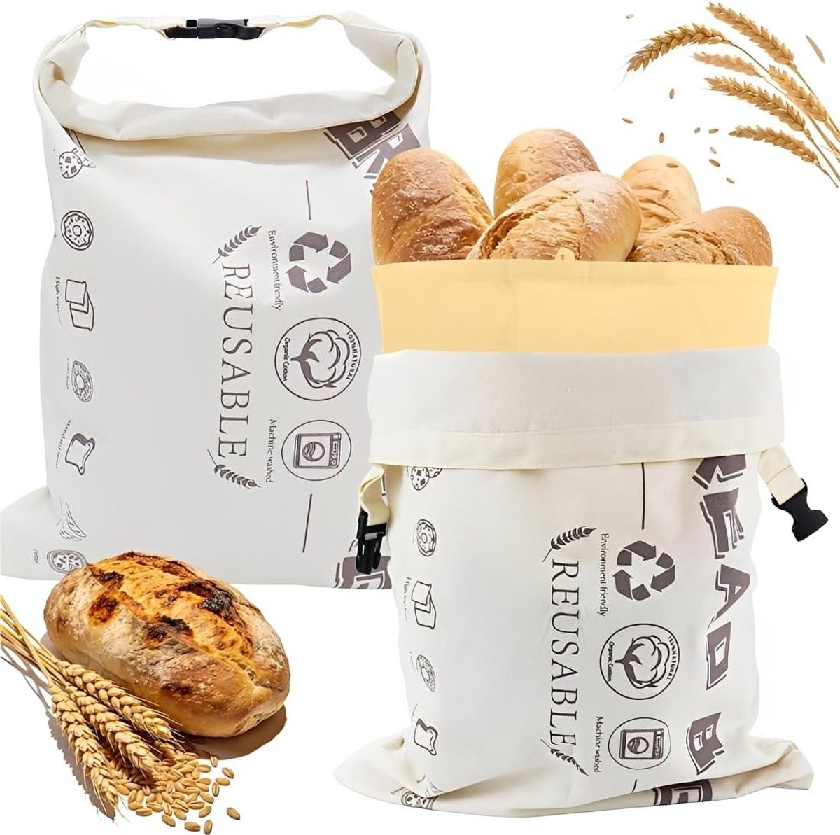 Bijenwas Broodzak - Natuurkleur - 43 x 32 cm - Herbruikbare en Wasbare Opbergzak van Katoen - Voor Brood en Gebak