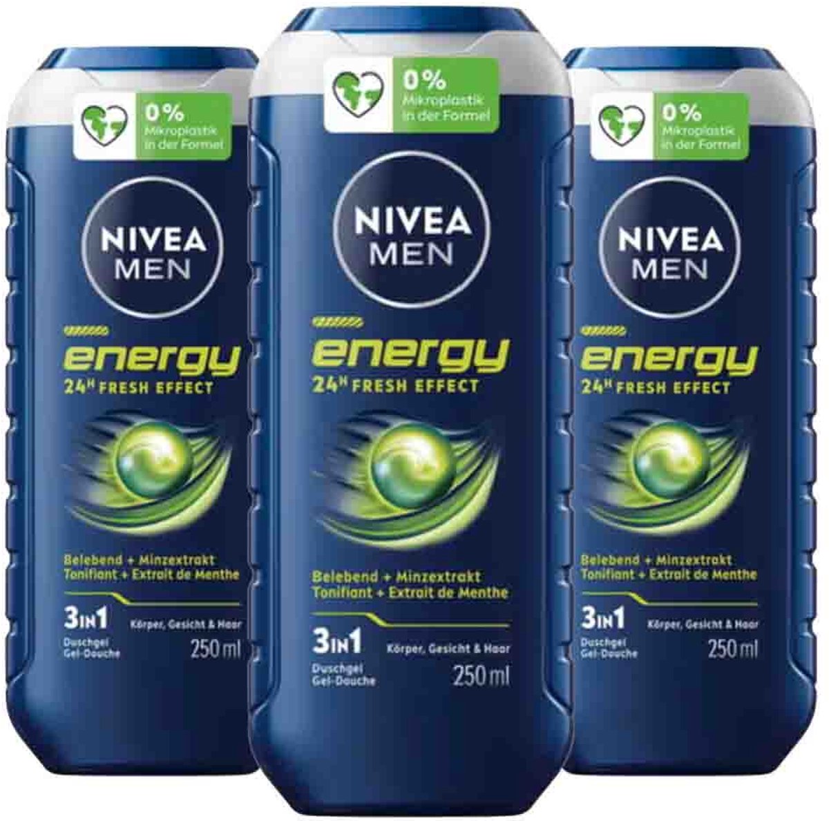 NIVEA Men Shampoo & Douchegel 3in1 Energy - 3 x 250 ml - Voordeelverpakking
