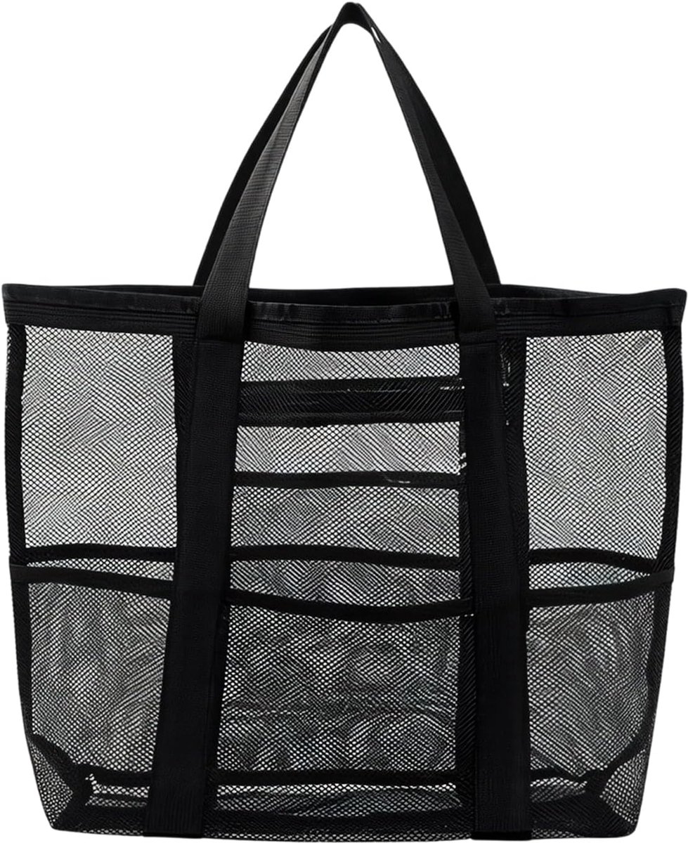 Strandtas van netstof voor dames, grote strandtas voor zandspeelgoed, draagbare waterdichte mesh-tas, grote capaciteit voor zwembad, strand en reizen, zwart